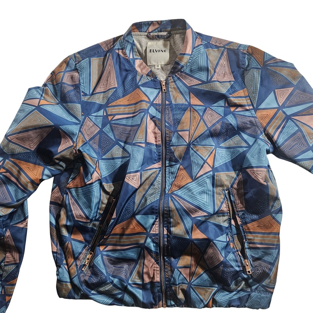 Elvine Jacket‎ Womens XS Multicolor Geometric Bomber Satin Full Zip Pockets